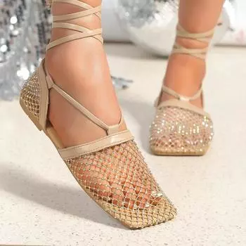 модные женские сетчатые полые сандалии на плоской подошве с кристаллами дизайнерские летние новые повседневные тапочки в римском стиле со шнуровкой дышащие шлепанцы Mujer Zapatos 35 чёрный