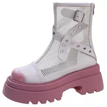 Модные женские сетчатые сапоги 2024 года, летние сапоги с открытыми плечами, женские толстые каблуки, модельные короткие классные гладиаторские босоножки по щиколотку, сапоги 35 чёрный