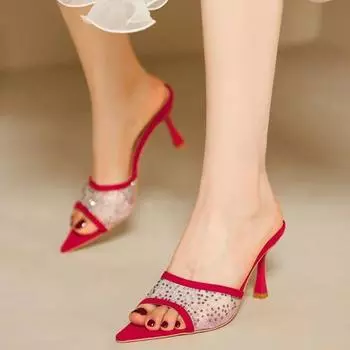 модные женские сетчатые сексуальные туфли на высоком каблуке женские туфли с острым носком женские летние модные сандалии новые шлепанцы брендовые туфли 35 бежевый