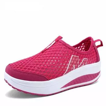 Модные женские сетчатые туфли на плоской подошве Кроссовки Туфли на платформе Женские мокасины Дышащие сетчатые туфли на танкетке Дышащие туфли на плоской подошве 35 красный