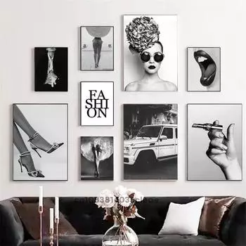 Модные женские сексуальные губы Роскошный автомобиль Черно-белая настенная художественная картина Декоративные картины Печать на холсте Современная гостиная Домашний декор 21x30cm No Framed