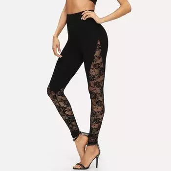 Модные женские сексуальные леггинсы, кружевные брюки, лоскутные спортивные повседневные брюки для йоги L чёрный
