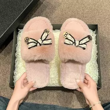 Модные женские сексуальные милые домашние туфли на платформе, зимние дизайнерские теплые пушистые тапочки с бантом, удобные домашние туфли для спальни, сандалии 36-37 чёрный