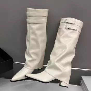модные женские сексуальные остроносые высокие каблуки до колена зимние сапоги зимняя мода кожаные туфли женский бренд 2025 тренд готика челси ботинок Mujer 35 бежевый