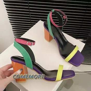Модные женские сексуальные сандалии смешанных цветов, удобные кожаные туфли с квадратной пряжкой и ремешком на высоком каблуке, летние туфли для выпускного вечера, размер 42 35