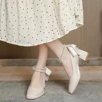 Модные женские сексуальные туфли-лодочки из белого шелка с бисером, туфли невесты с квадратным носком, пряжкой и ремешком-бантом, босоножки на толстом высоком каблуке, туфли Мэри Джейн 2024 34