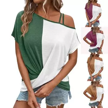 Модные женские сексуальные женские новые футболки с открытыми плечами и цветными блоками с короткими рукавами, топы L зелёный