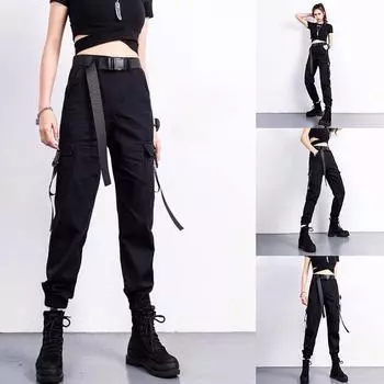 Модные женские шаровары длиной до щиколотки, женские повседневные брюки-карго с высокой талией, женские свободные брюки больших размеров XXL чёрный