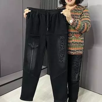 Модные женские шаровары с буквенным принтом, свободные джинсовые брюки с высокой талией, винтажный стиль, черные женские брюки S чёрный