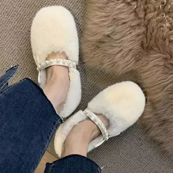 Модные женские шерстяные туфли Cross Fluffy Casual Concise Теплые короткие плюшевые балетки 2024 Модные аксессуары Diamond Pearl Lazy Shoes Winter 35 бежевый