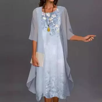 Модные женские шифоновые летние платья без рукавов с круглым вырезом и принтом, свободные вечерние платья + кардиган, шаль, элегантный повседневный комплект из двух частей для леди XXXXXL розовый