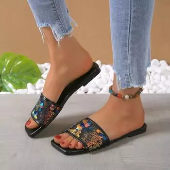Модные женские шикарные тапочки на плоской подошве 2024 года, новые летние сандалии с квадратным носком, дизайнерские шлепанцы с открытой пяткой, женские модные шлепанцы с открытым носком 36 белый