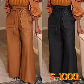 Модные женские широкие брюки из искусственной кожи с рюшами и высокой талией, свободные брюки S чёрный