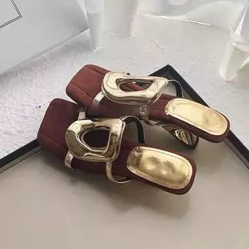 Модные женские шлепанцы 2024 года, модные новые квадратные босоножки с открытым носком, повседневные, фэнтезийные, удобные, нескользящие, дизайнерские, высокие каблуки Nvshi 35 золотой