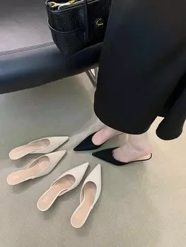 модные женские шлепанцы из флока, тапочки с острым носком, мюли, туфли 2024 года, новые поступления, модные туфли на низком каблуке, бежевые, белые, черные 5.5 белый
