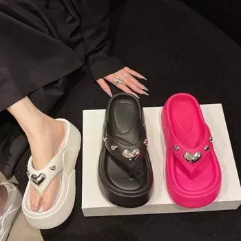 Модные женские шлепанцы на платформе с бантом 2024 года, летние пляжные нескользящие тапочки на танкетке, женские сандалии с толстой подошвой и клипсой на носке 36-37 белый