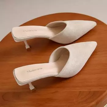 Модные женские шлепанцы на высоком каблуке с острым носком, сплошной конический каблук, дышащие, в корейском стиле, удобные, износостойкие, летние сандалии 35 бежевый