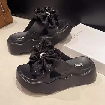 Модные женские шлепанцы с бантом 2025 - На толстой подошве, увеличивающие рост, удобные, нескользящие, универсальные для летней носки на открытом воздухе 35-36