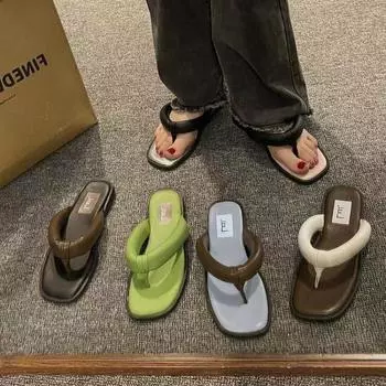 Модные женские шлепанцы с квадратным носком и плоской подошвой 2024 года, летняя новинка, домашняя верхняя одежда, тапочки, сандалии, повседневные пляжные шлепанцы с застежкой-молнией 35 синий