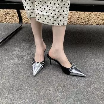 модные женские шлепанцы с острым носком, разноцветные, с бантом, на тонком высоком каблуке, бежевые, серебристые, черные, летние туфли-мюли 35-39 5.5 чёрный