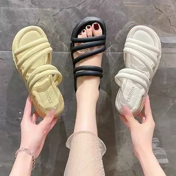 Модные женские шлепанцы, шлепанцы, обувь на плоской платформе на толстой подошве и среднем каблуке, женские летние шлепанцы, сандалии больших размеров 35 бежевый