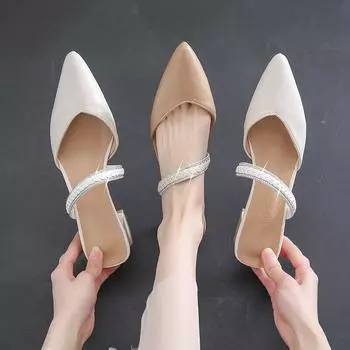 Модные женские шлепанцы, шлёпанцы, туфли-лодочки на квадратном среднем каблуке, женская обувь с острым носком, блестящие летние тапочки, большие размеры, Zapatos Mujer 35 бежевый