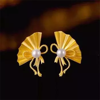 Модные женские складные веерные серьги с бантом из искусственного золота с серьгами из жемчуга с медным покрытием и инкрустацией золотом