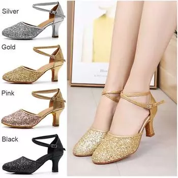Модные женские современные танцевальные туфли для бальных вечеринок, вальса, джаза, танцевальные туфли с закрытым носком и блестками, на каблуке 5 см 34 золотой
