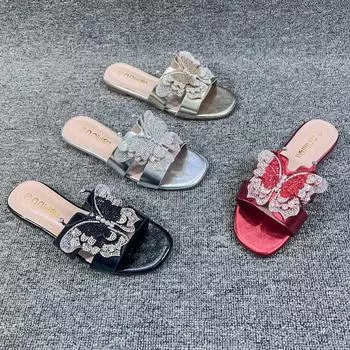 Модные женские современные тапочки на плоской подошве, летняя женская обувь, красивые пляжные шлепанцы с бабочками и бриллиантами, обувь с квадратным носком для женщин 37 чёрный