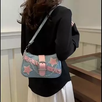 Модные женские сумки, джинсовые сумки со звездами, крутая сумка для девочек, женская маленькая сумка-хобо на плечо, сумка-тоут с цепочкой 24x6x15cm темно-синий