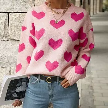 Модные женские свитера, вязаные свитера, осенне-зимний повседневный свитер с принтом «Любовь», женские топы с длинным рукавом, розовый, круглый вырез, теплый трикотажный джемпер 24704 S розовый