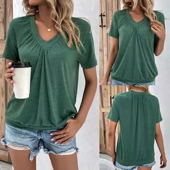 Модные женские свободные летние однотонные футболки с короткими рукавами и V-образным вырезом, топы L зелёный