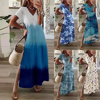 Модные женские свободные летние платья с короткими рукавами и длинными рукавами L тёмно-синий