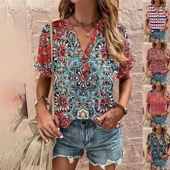 Модные женские свободные летние повседневные топы с V-образным вырезом и пуговицами с коротким рукавом M циан