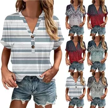 Модные женские свободные летние повседневные топы с V-образным вырезом и пуговицами с коротким рукавом XL