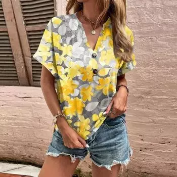 Модные женские свободные летние простые повседневные топы с V-образным вырезом и пуговицами с короткими рукавами XXL