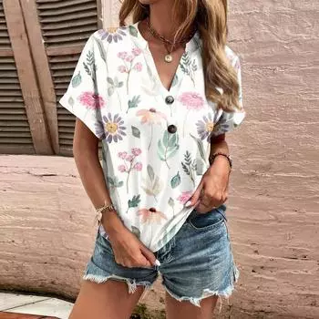 Модные женские свободные летние простые повседневные топы с V-образным вырезом и пуговицами с короткими рукавами L розовый