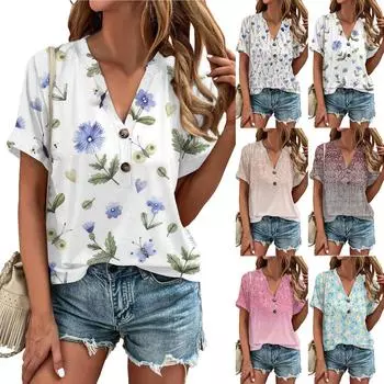 Модные женские свободные летние простые повседневные топы с V-образным вырезом и пуговицами с короткими рукавами L синий