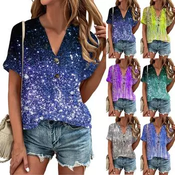 Модные женские свободные летние простые повседневные топы с V-образным вырезом и пуговицами с короткими рукавами L синий