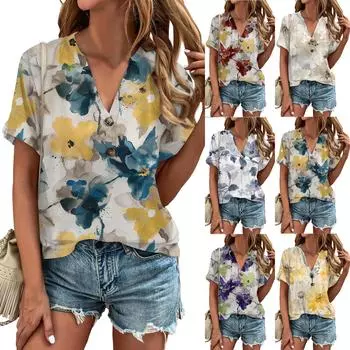 Модные женские свободные летние простые повседневные топы с V-образным вырезом и пуговицами с короткими рукавами L золотой