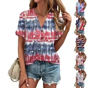 Модные женские свободные летние простые повседневные топы с V-образным вырезом и пуговицами с короткими рукавами L синий