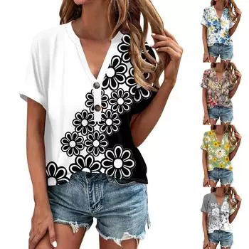 Модные женские свободные летние простые повседневные топы с V-образным вырезом и короткими рукавами XXL синий