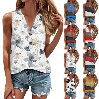 Модные женские свободные летние простые повседневные топы без рукавов на пуговицах с V-образным вырезом и пуговицами L чёрный