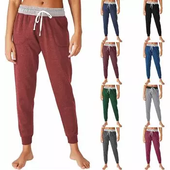 Модные женские свободные однотонные домашние спортивные повседневные брюки с карманами и шнурком M чёрный