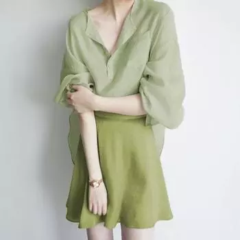 Модные женские свободные однотонные рубашки с универсальными юбками M синий