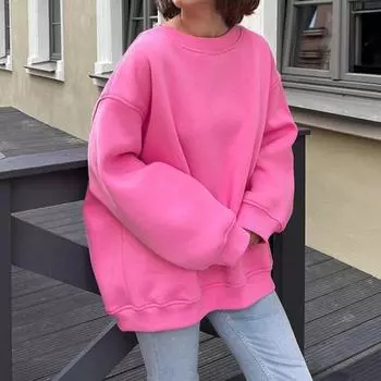 Модные женские свободные повседневные свитера осень и зима уличный однотонный флисовый пуловер большого размера свитера с круглым вырезом и длинным рукавом одежда 1659 S розовый