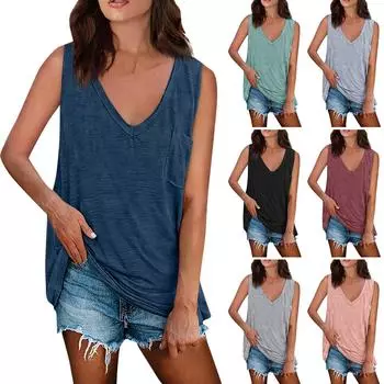 Модные женские свободные сексуальные летние V-образным вырезом сплошной цвет майка без рукавов футболка топы L
