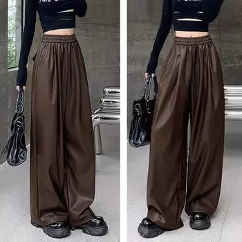 Модные женские свободные широкие кожаные брюки осень-зима новые повседневные длинные брюки из искусственной кожи на шнурке женские однотонные простые прямые брюки 2338 S чёрный