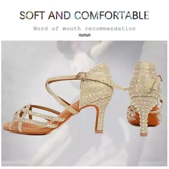 Модные женские танцевальные туфли для латиноамериканского танго и сальсы, домашние танцевальные туфли на высоком каблуке с открытым носком, каблук 7,5 см со стразами 34 разноцветный