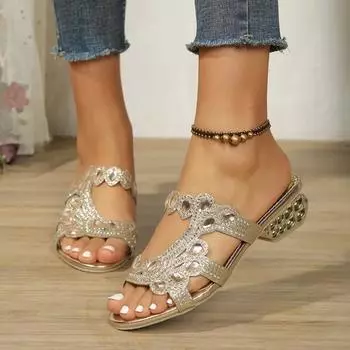 Модные женские тапочки 2024 года, хит продаж, новые женские тапочки со стразами, блестящие полые повседневные тапочки, модные пляжные сандалии большого размера 36 чёрный